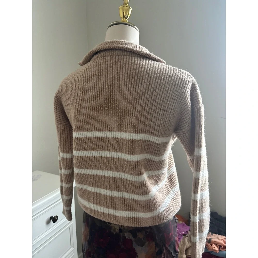 Half Zip Sweater Womens Tan White Excellent Ribbed Striped Pullover